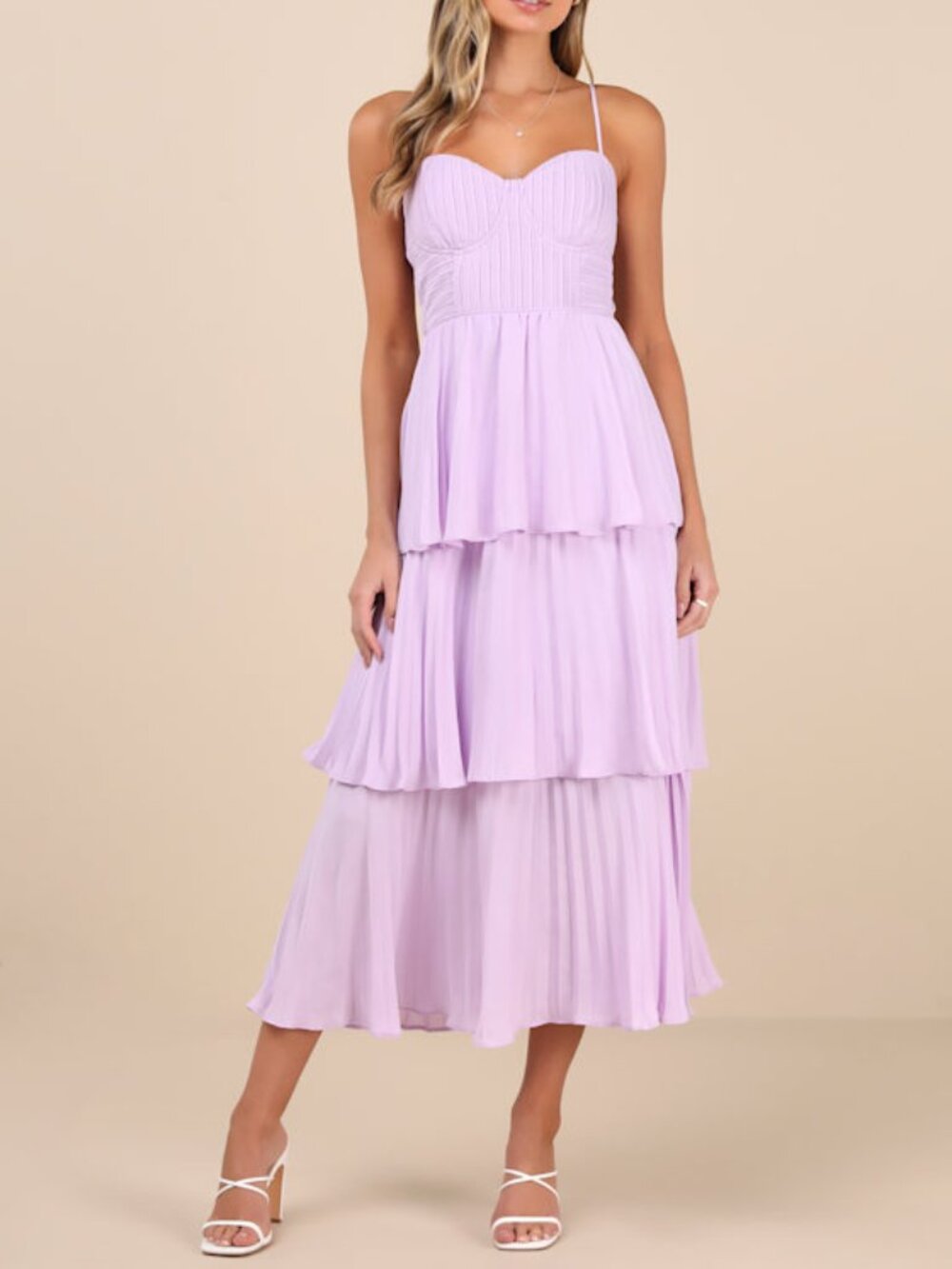 Lulus Cascading Crush Lavender Tiered Bustier Midi Dress